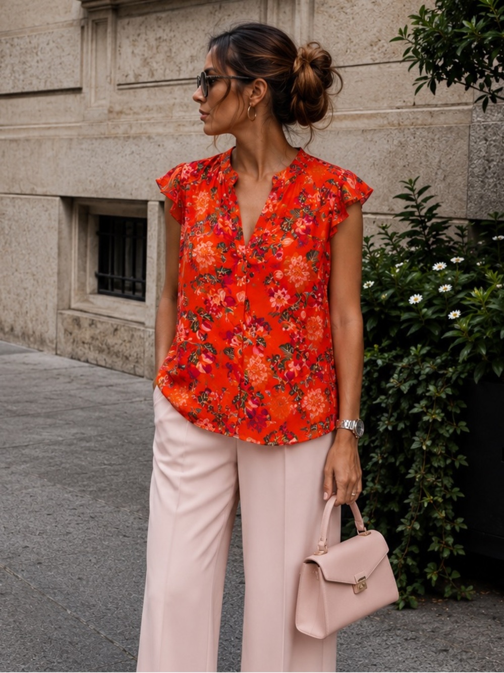 Rose & Olive Red Floral Button-Down Top
